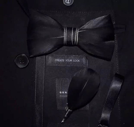 Black Hand Made Feather Bow Tie