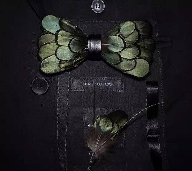 Handmade Green Feather Bow Tie
