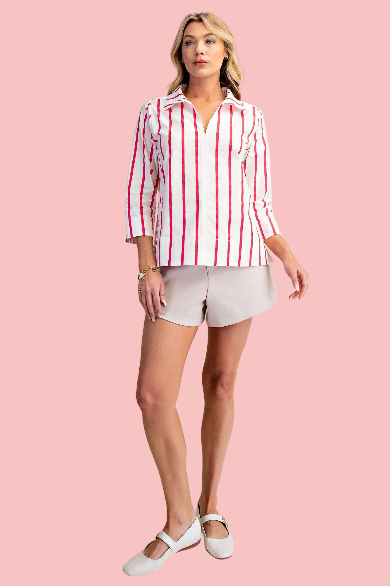 Hot Pink Stripe Stand Collar Blouse