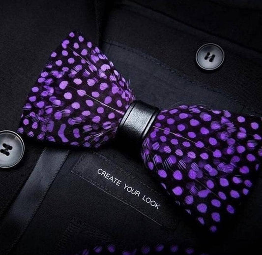 Handmade Purple Polka Dot Feather Bow Tie