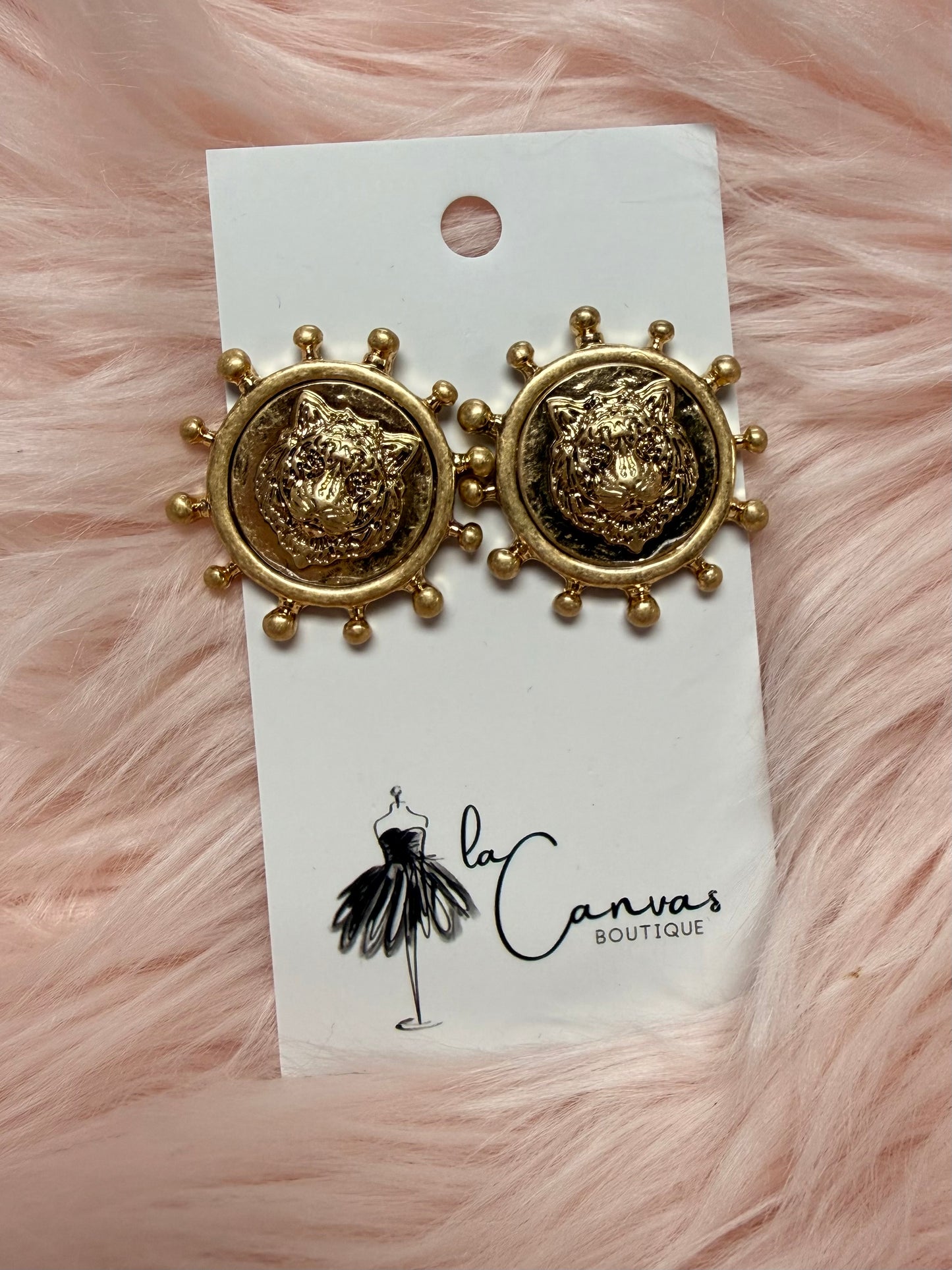 Tiger Face Coin Earrings with Gold Bead Rim