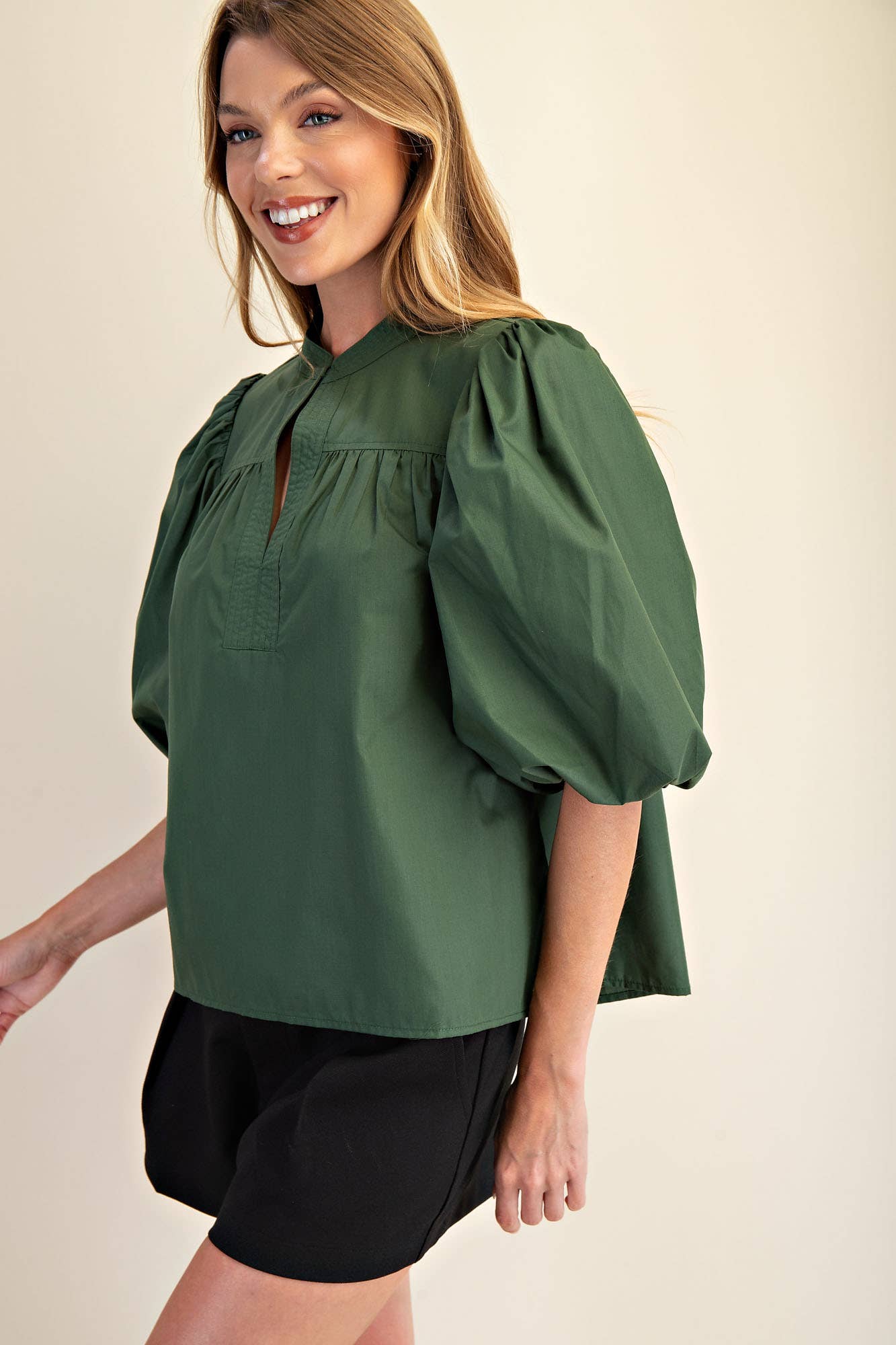 Olive Mandarin Collar V-Neck Bubble Sleeve Poplin Top