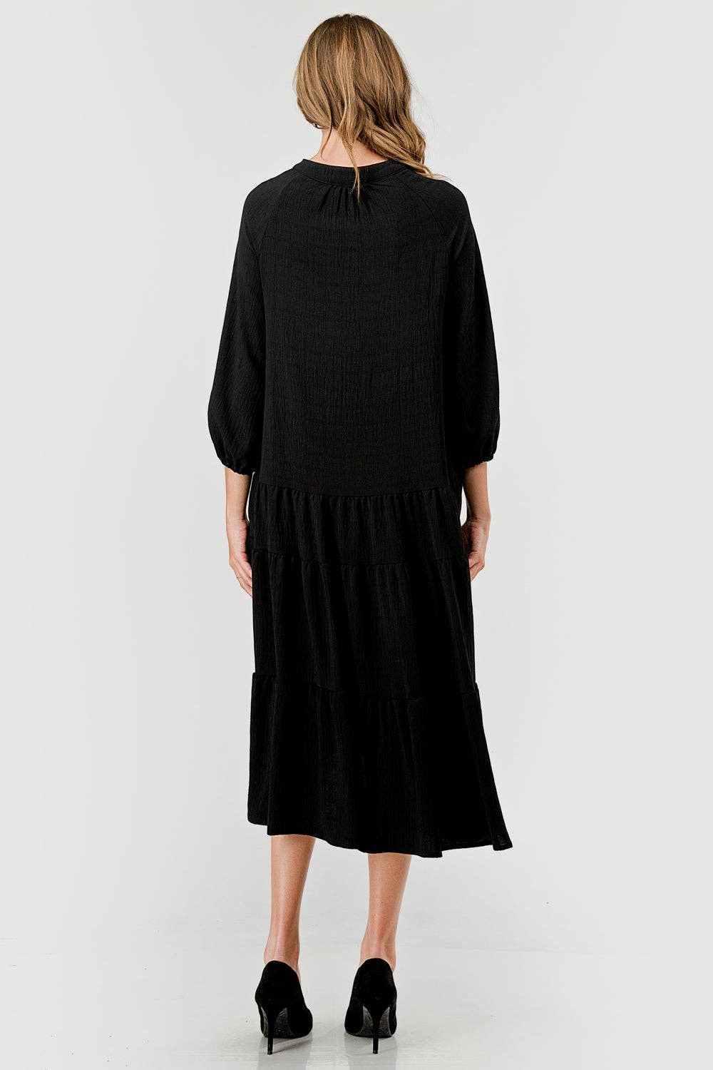 Plus Size Fiona Midi Drop Waist Tiered Dress Black