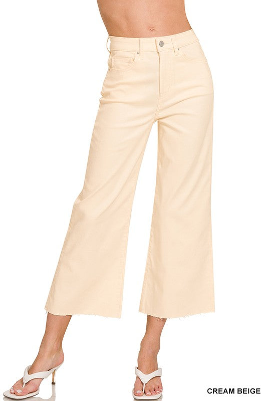 Cream Beige High Rise Flare Cropped Denim Pants