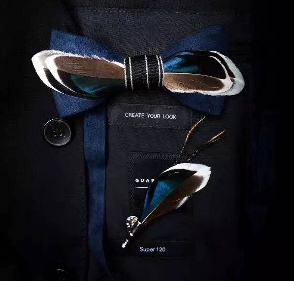 Handmade Navy Blue, Brown and White Feather Bow Tie