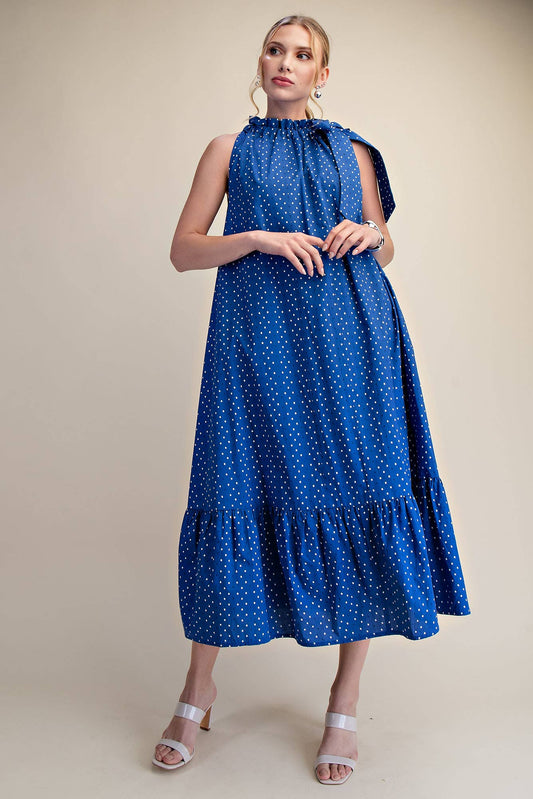 Royal Ruffle Neck Tie Sleeveless Dot Pattern Midi