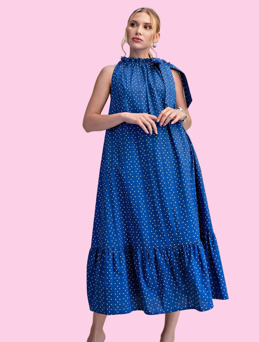 Royal Ruffle Neck Tie Sleeveless Dot Pattern Midi