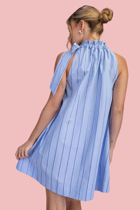 Bashful Blue Ruffle Neck Tie Dress
