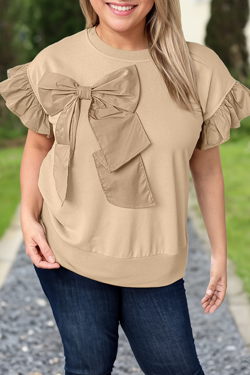 Plus Size Ruffled Short Sleeve Bowknot Crew Neck Top: Beige / Plus Size / 1X