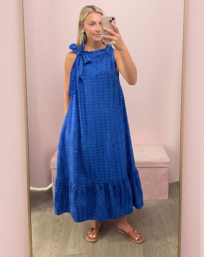 Royal Ruffle Neck Tie Sleeveless Dot Pattern Midi