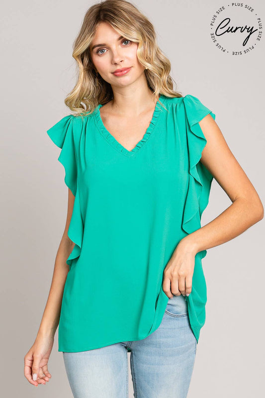 Green Ruffle Sleeve V-neck Top