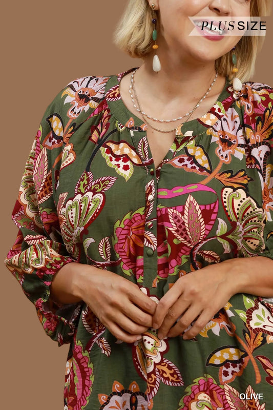 Olive Paisley Puff Sleeve Top