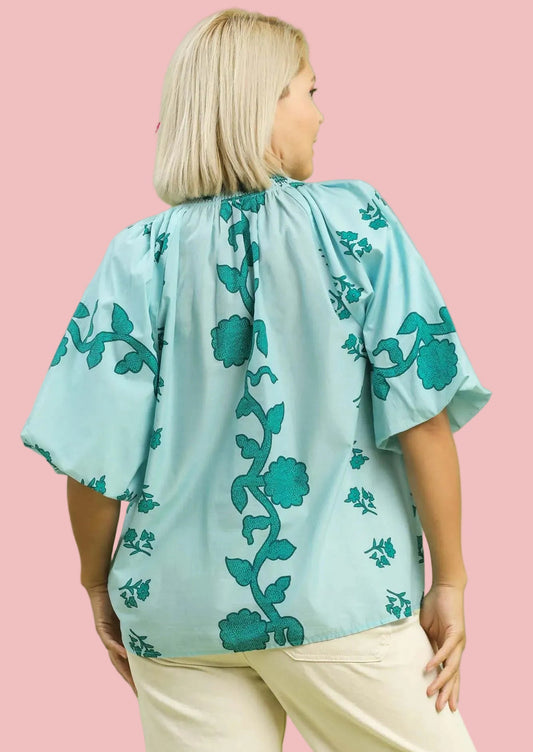 Teal Floral Patterned Top