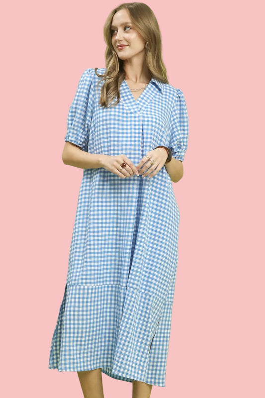 Lovely Light Blue Gingham Midi Dress