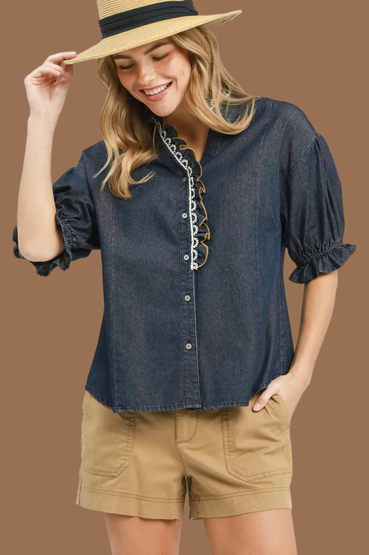 Indigo Chambray Scalloped Button Front Blouse
