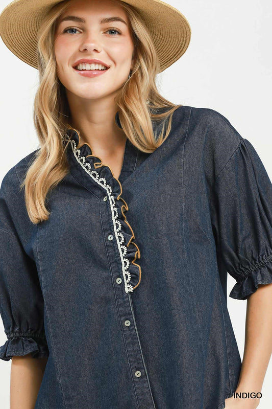 Indigo Chambray Scalloped Button Front Blouse
