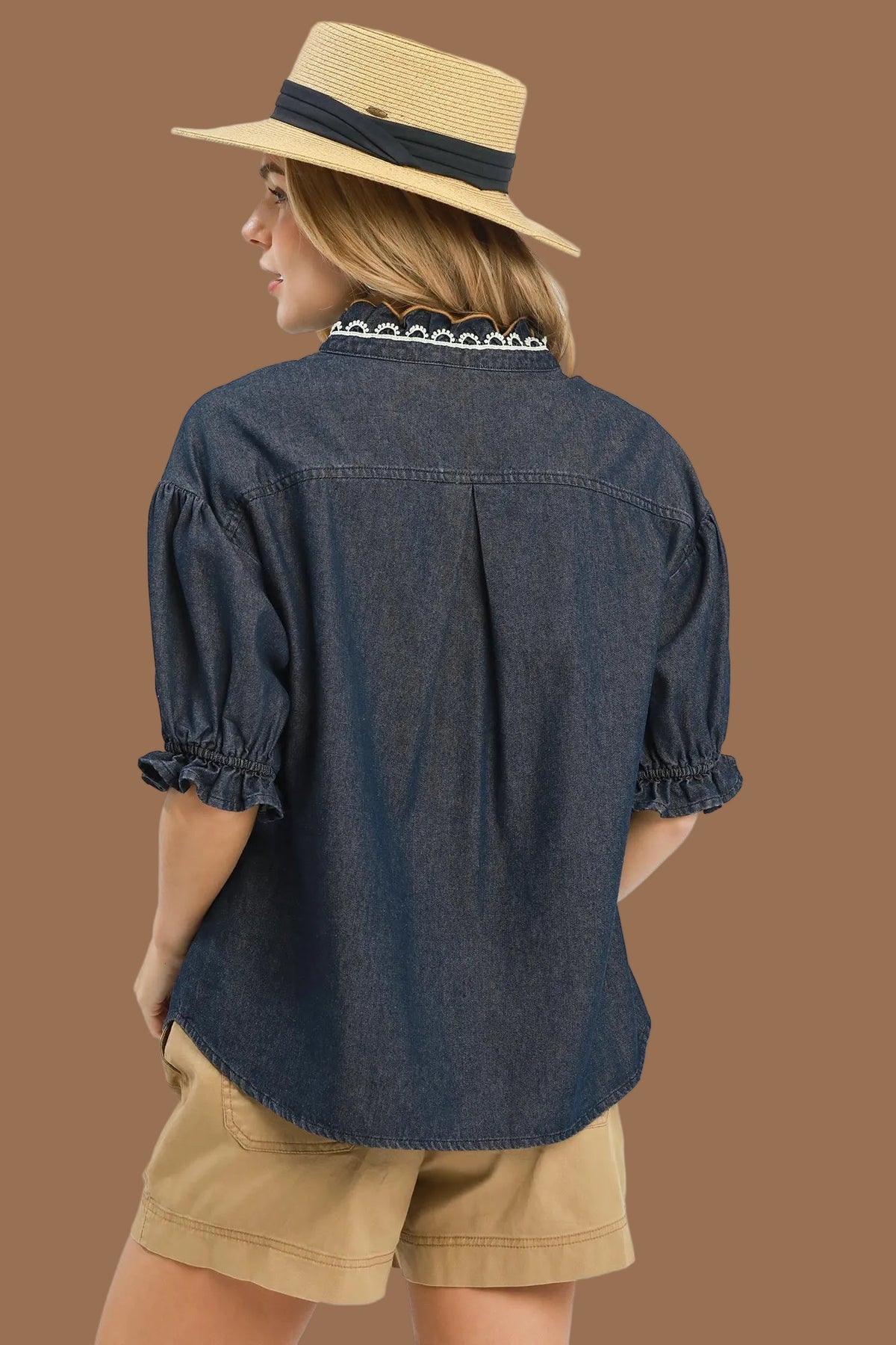 Indigo Chambray Scalloped Button Front Blouse