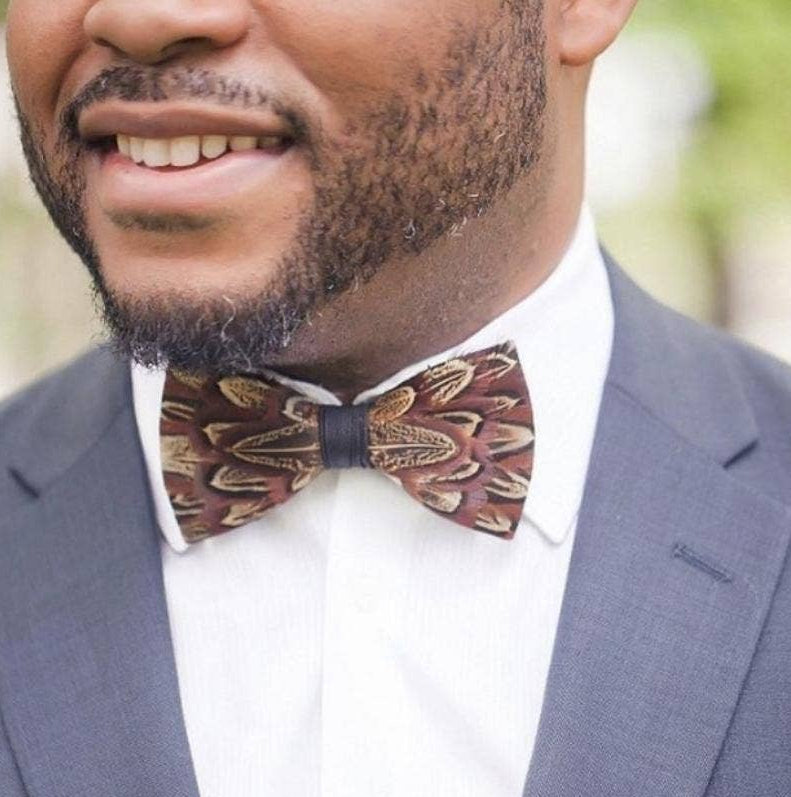 Handmade Brown Pheasant Feather Bow Tie