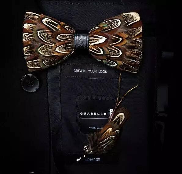 Handmade Brown Pheasant Feather Bow Tie