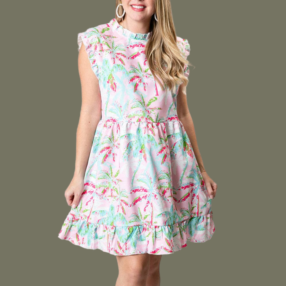 Pink Palm Trees Printed Anna Dress