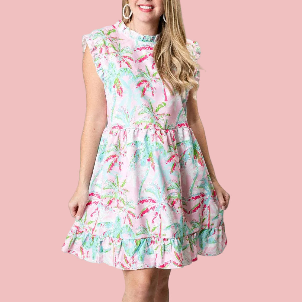 Pink Palm Trees Printed Anna Dress