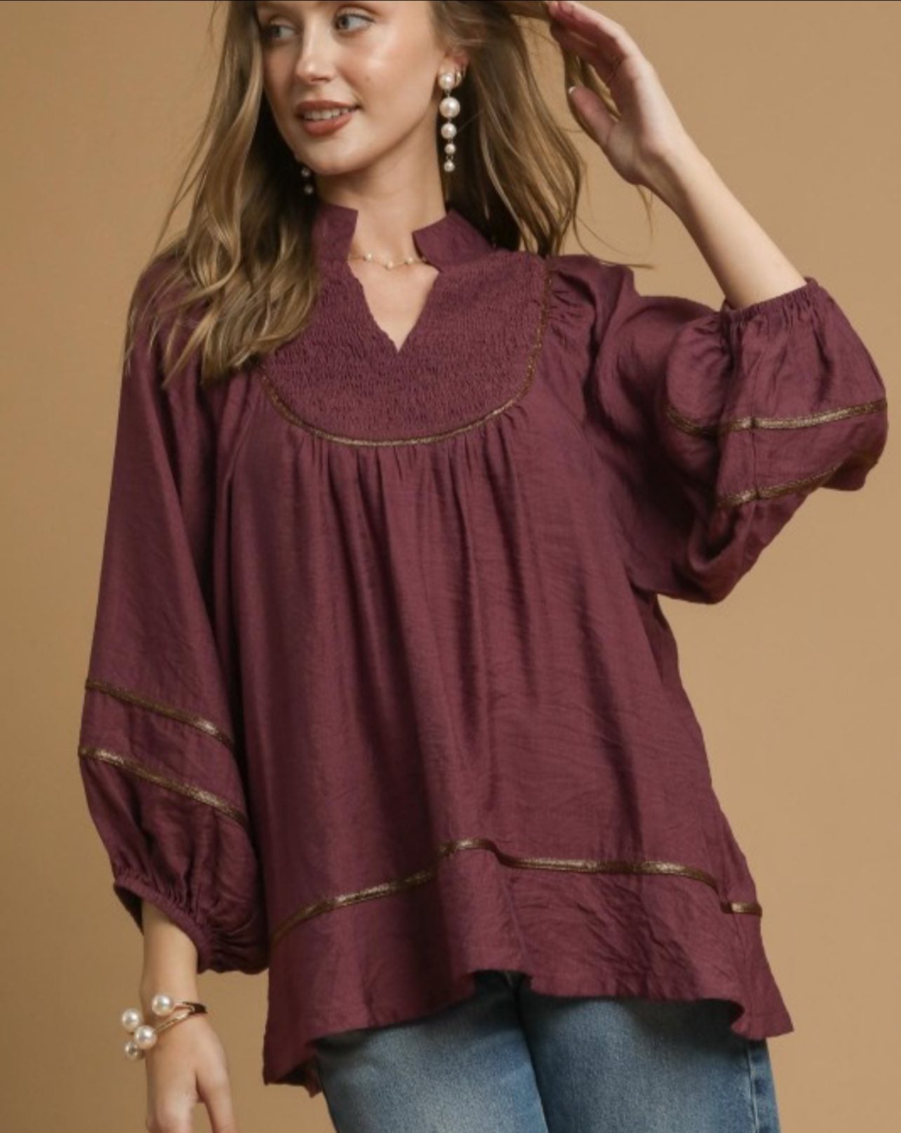 Soft Plum-Burgundy Boho Peasant Top