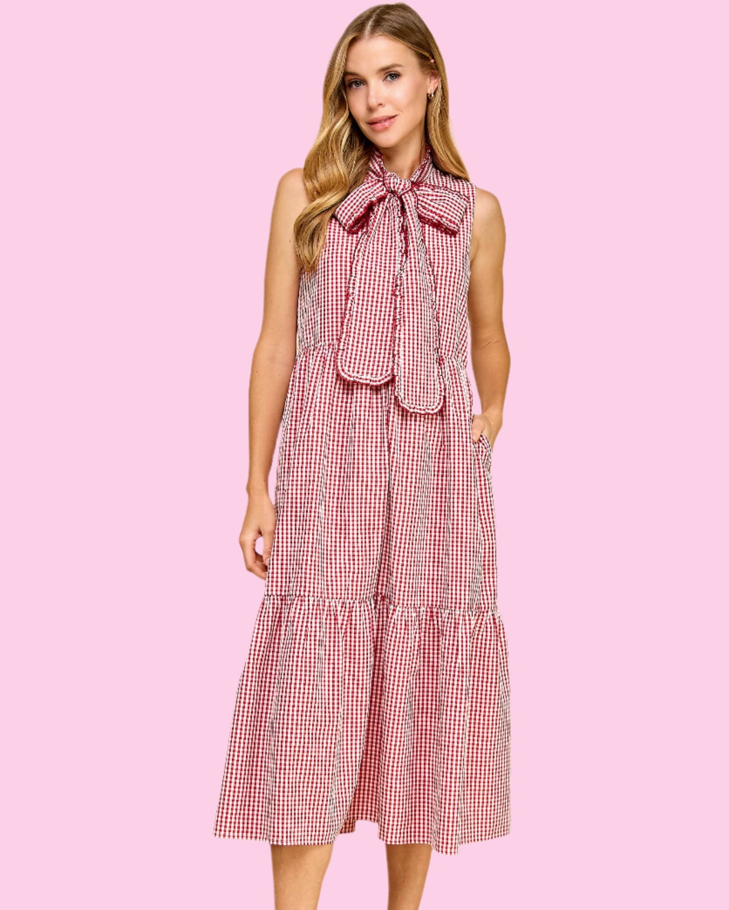 Red Gingham Bow Midi Dress