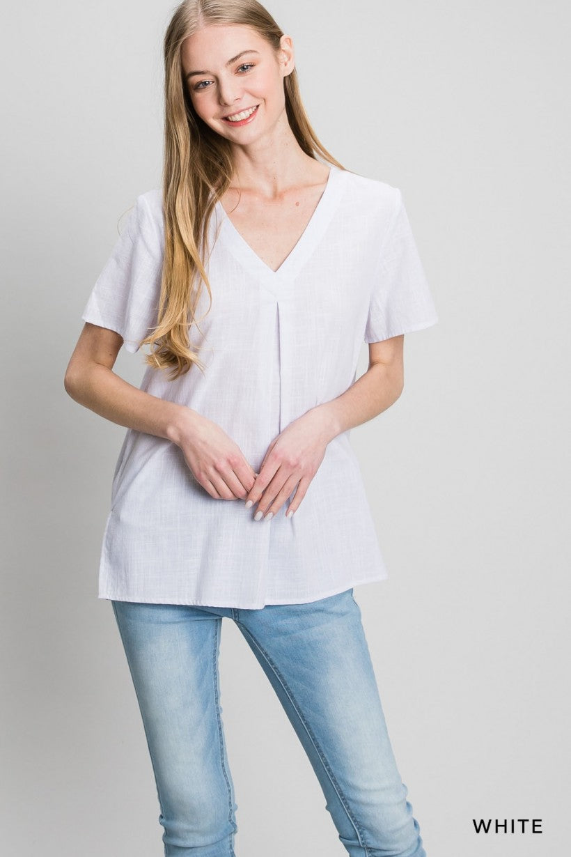White Washed Cotton Linen V-Neck Top