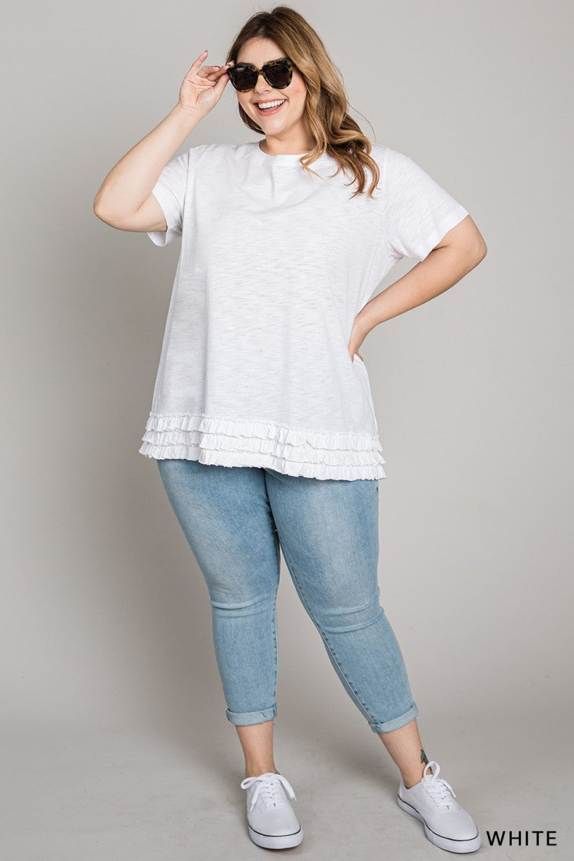 White Washed Cotton Slub Ruffle Bottom Casual Top