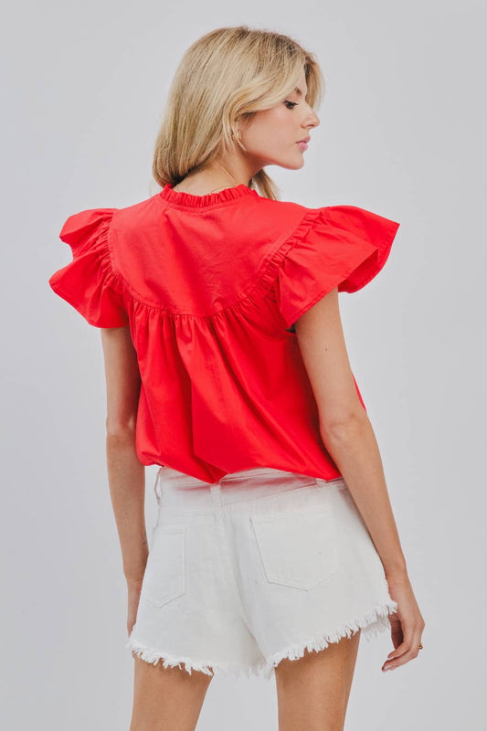 Red Flutter Sleeve Poplin Blouse