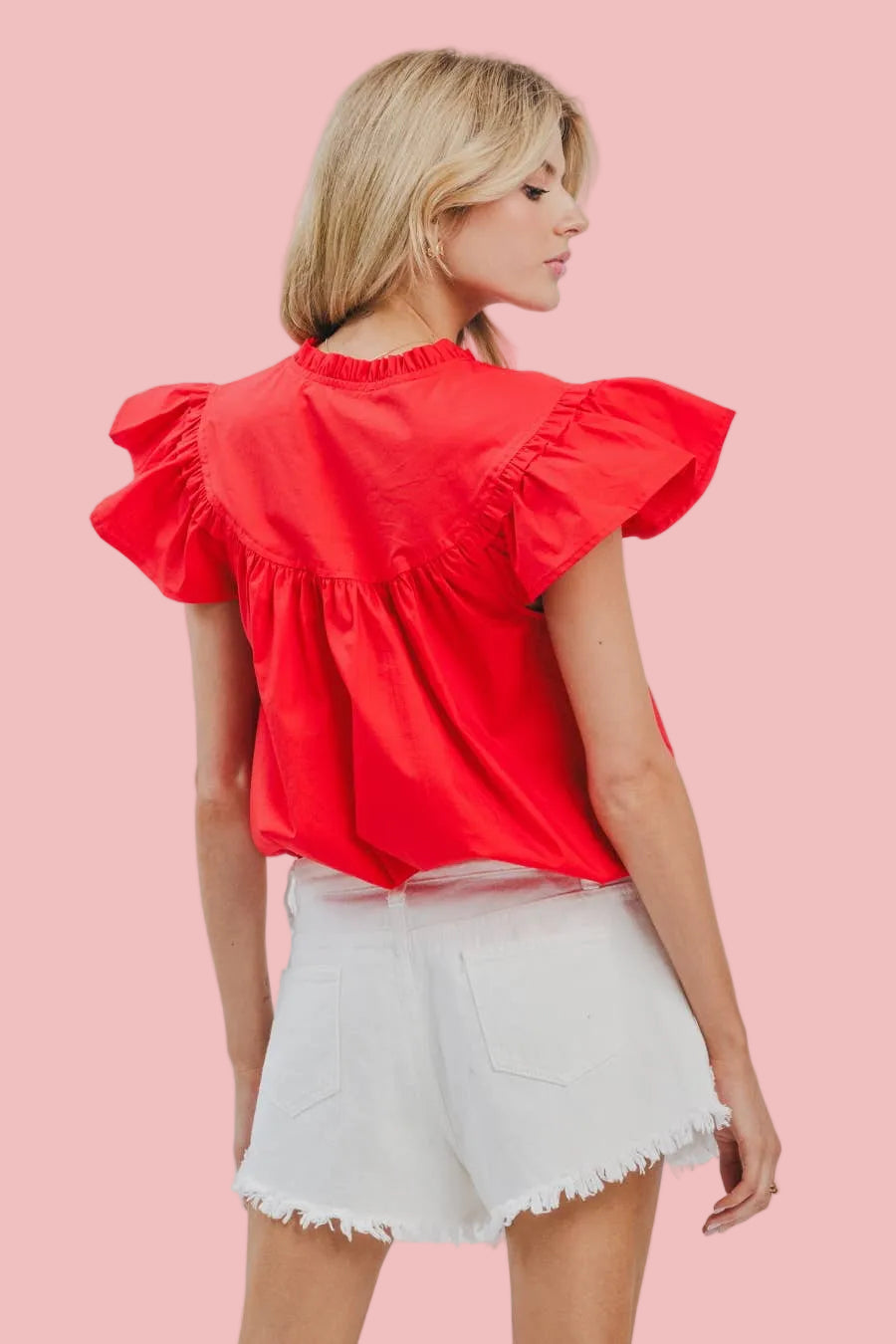 Red Flutter Sleeve Poplin Blouse