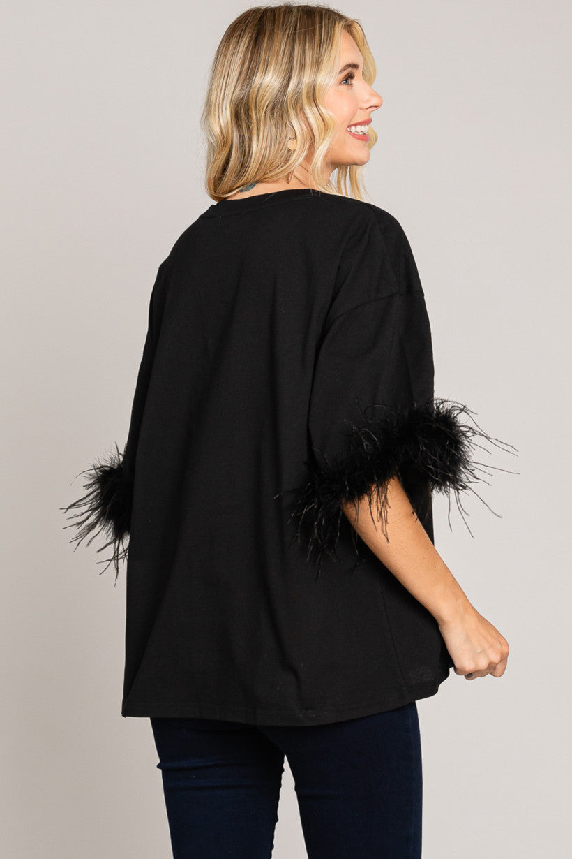Black Cotton Knit Top W/ Faux Fur