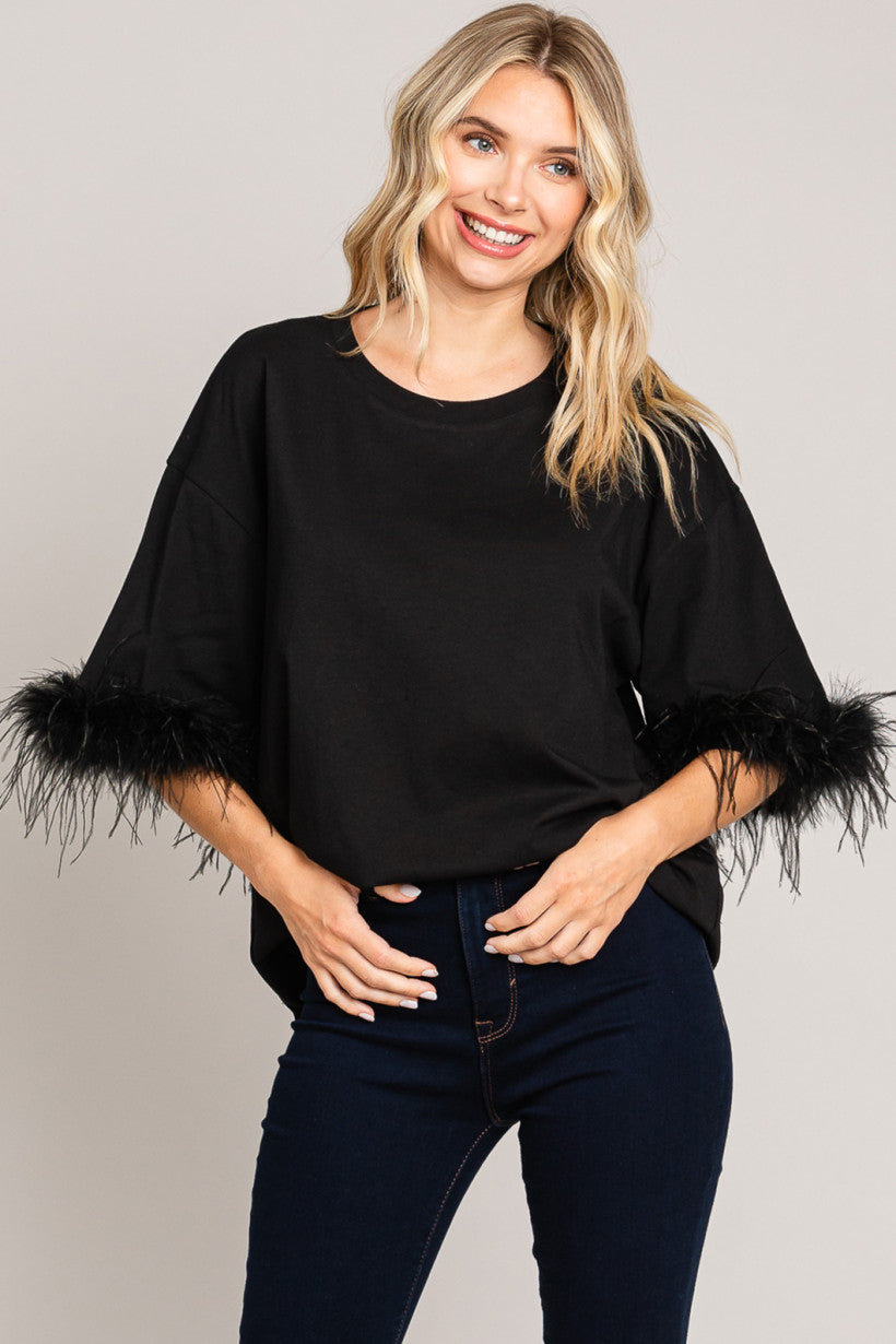 Black Cotton Knit Top W/ Faux Fur