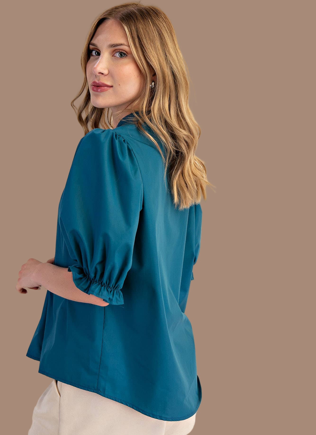 Teal V-Neck Puff Sleeve Top
