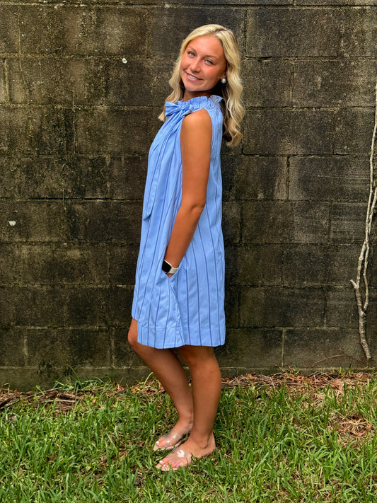 Bashful Blue Ruffle Neck Tie Dress