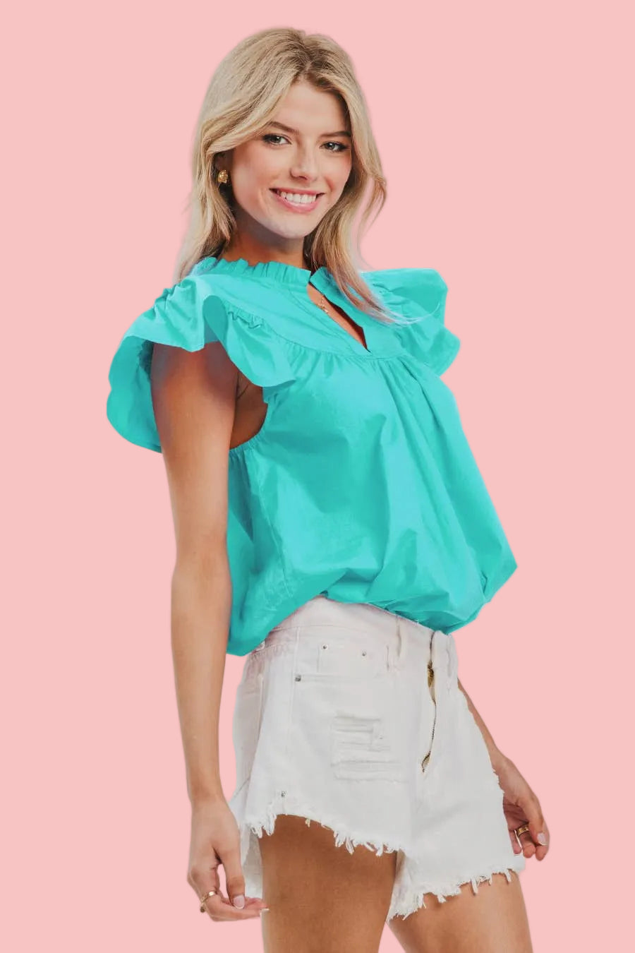 Aqua Marine Short Flutter Sleeve Blouse