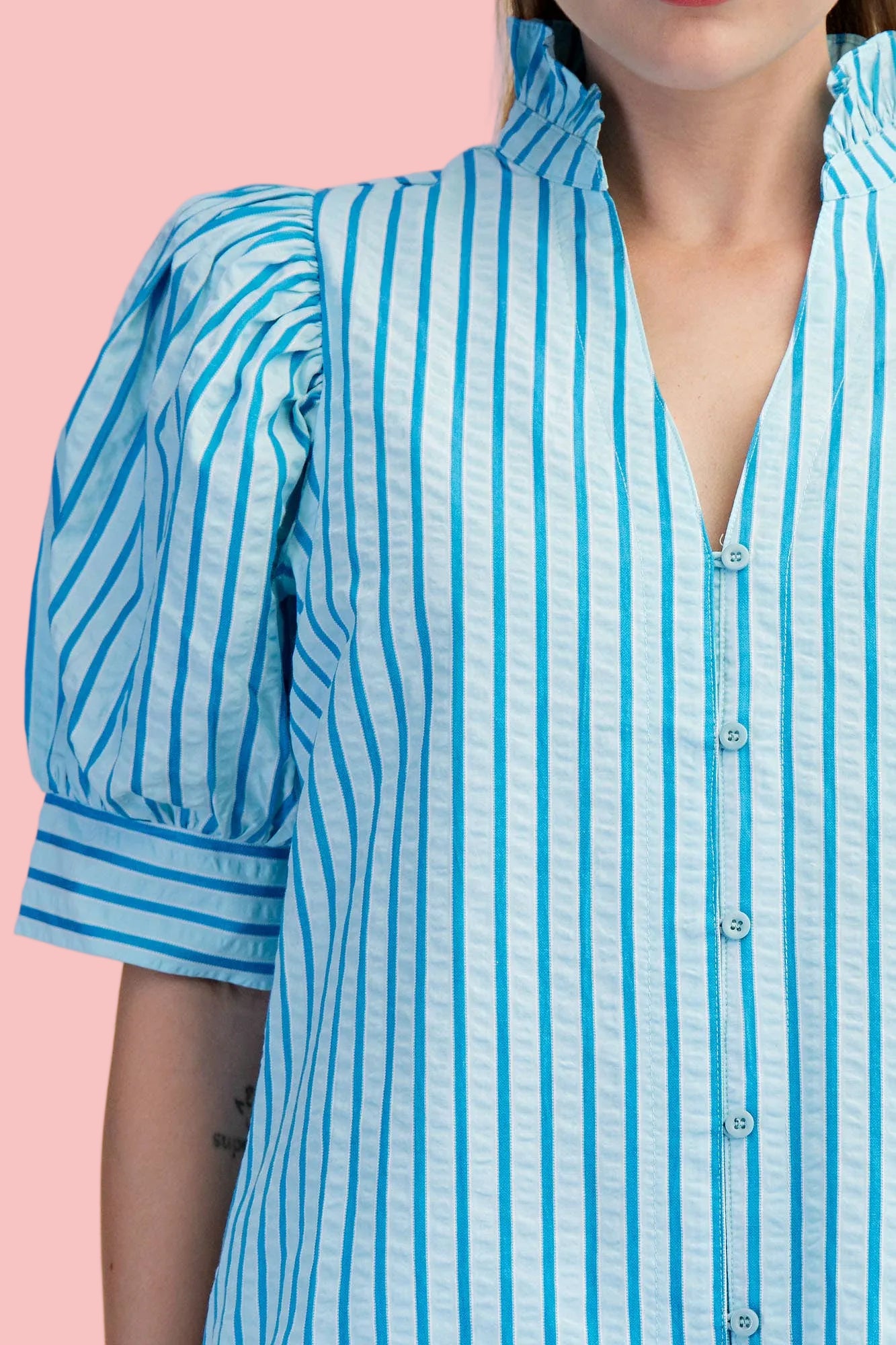 Aqua Ruffle V-neck Puff Sleeve Button Down Top