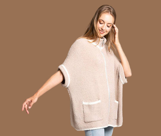 Beige Solid Zipper Jacket with Outlined Edges
