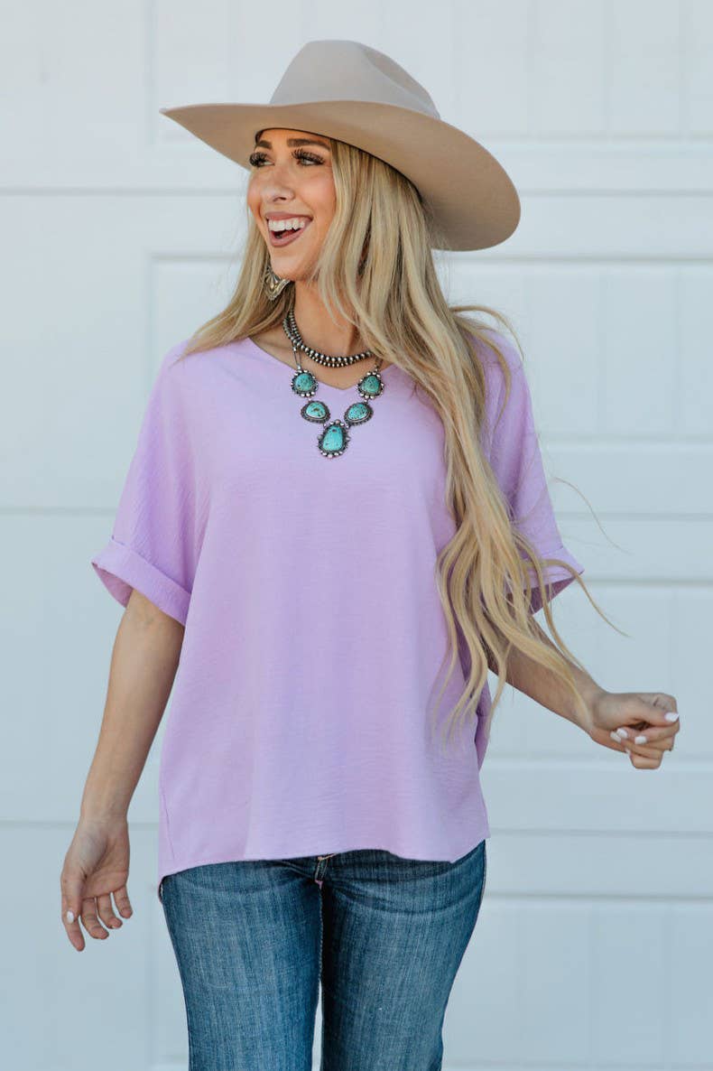 Lilac Dolman Sleeve V Neckline Blouse