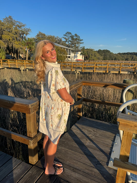 Tropical Palm Linen Woven Baby Doll Mini Dress