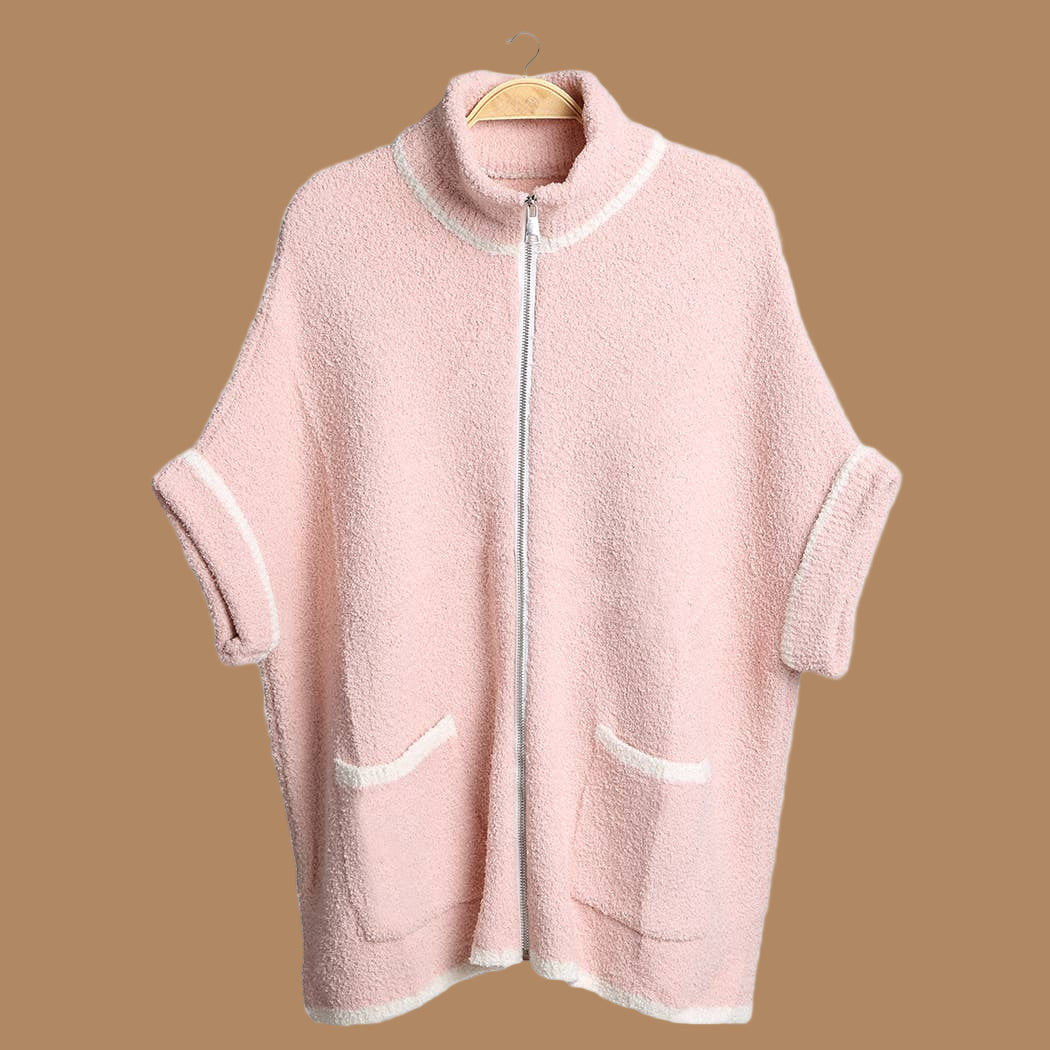 Pink Solid Zipper Jacket with Outlined Edges
