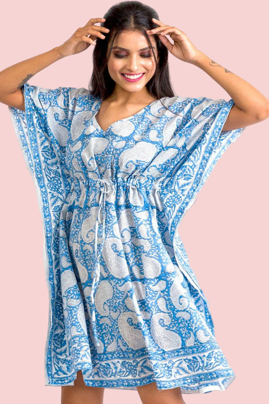 Sky Blue Block Printed Swim Coverup