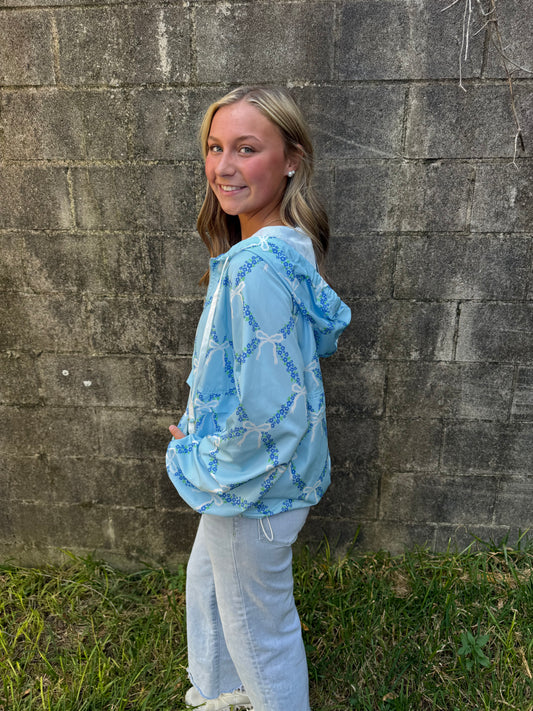 Blue Ribbon And Floral Printed Windbreaker