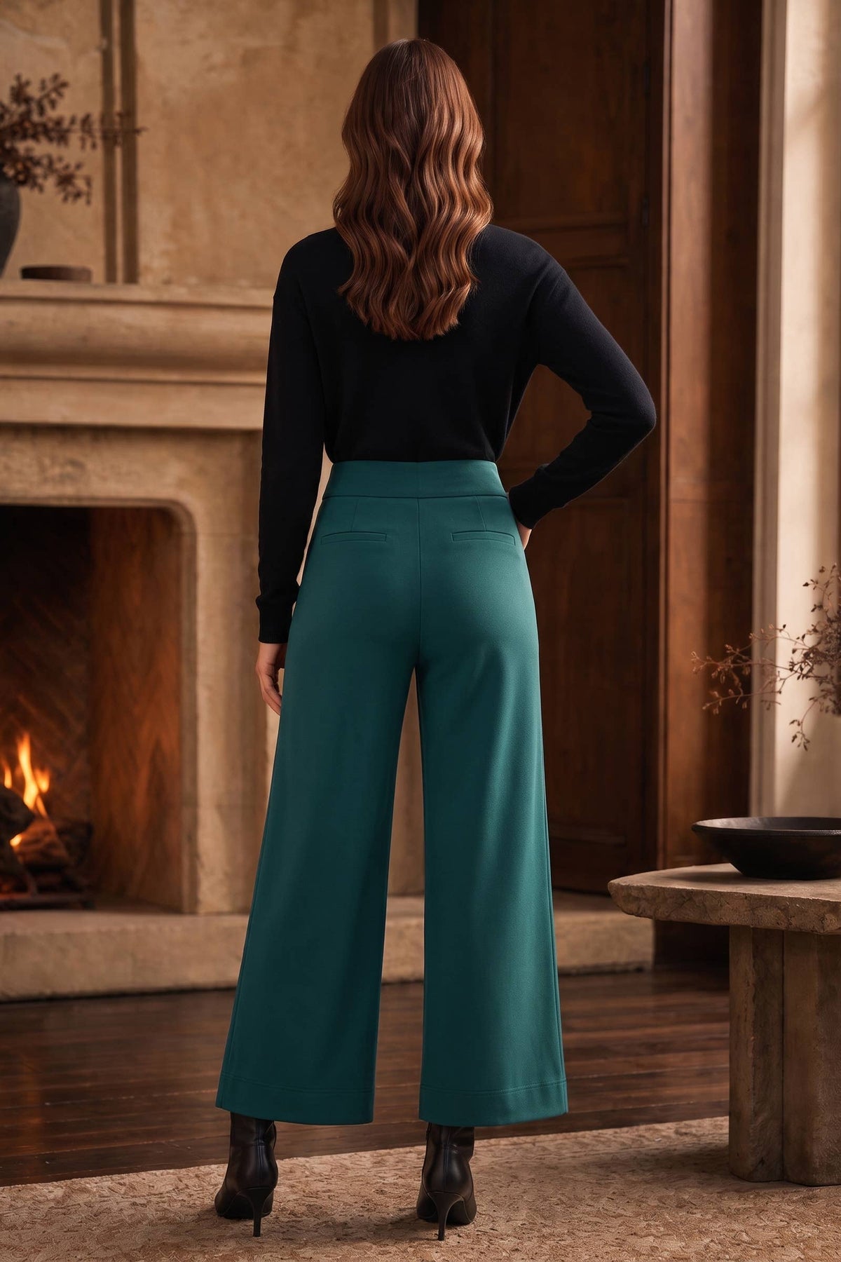 High Rise Evergreen Teal Twill Wide-Leg Pants