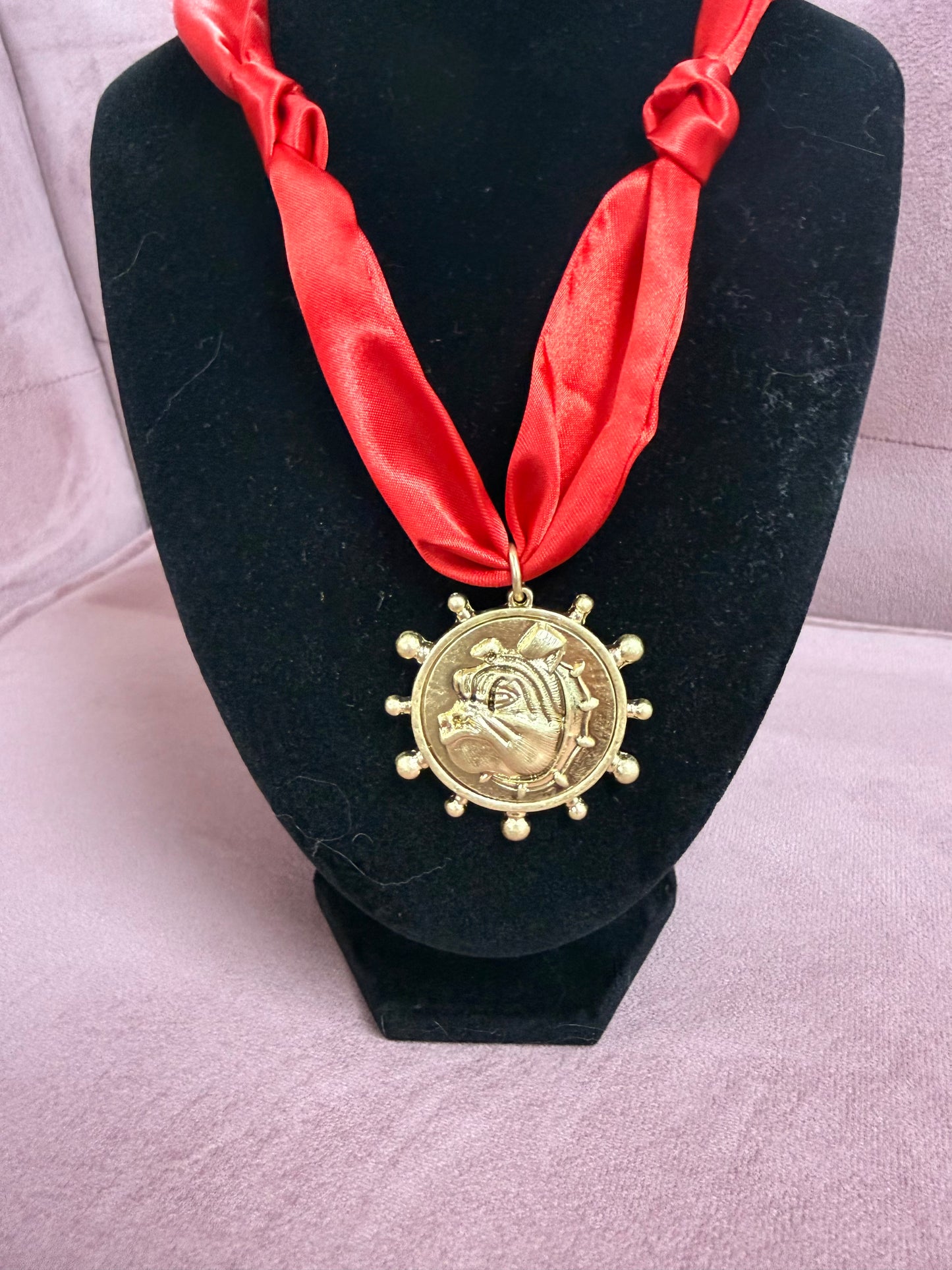 Bulldog Face Medallion Red Scarf Necklace