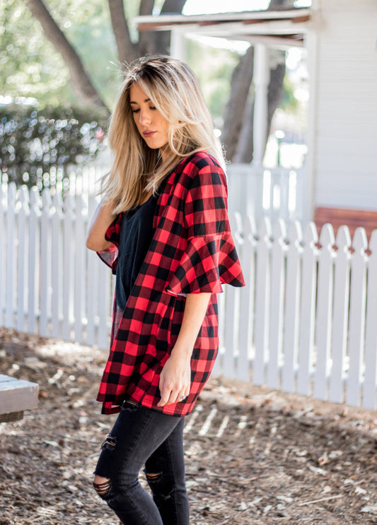 Red/Black Flare Sleeve Plaid Cardigan