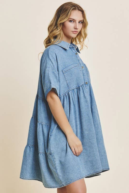 Washed Denim Tiered Mini Dress