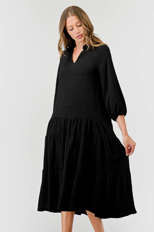 Plus Size Fiona Midi Drop Waist Tiered Dress Black