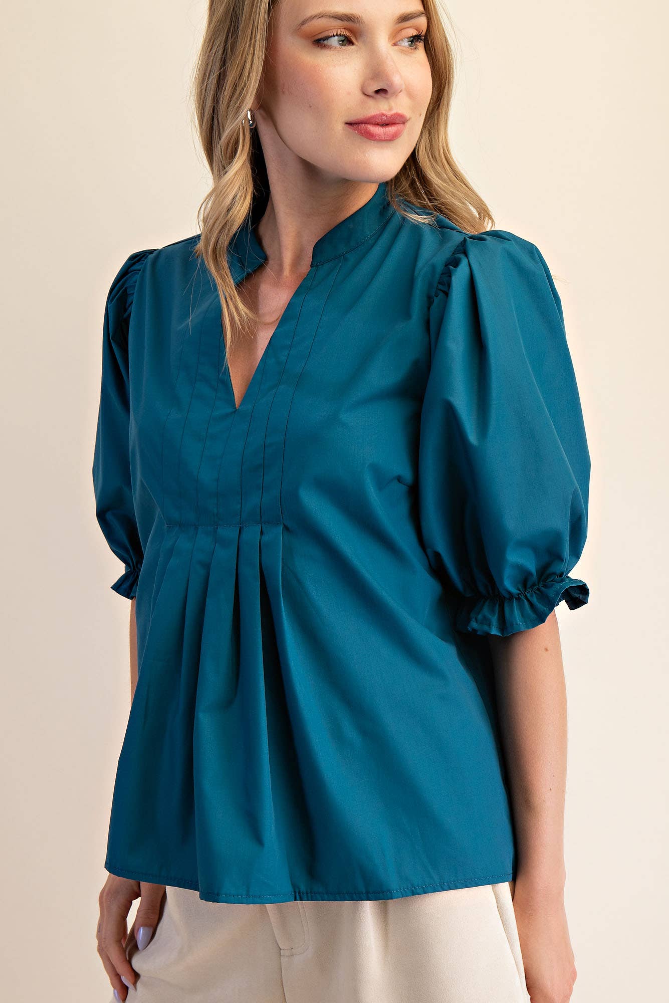 Teal V-Neck Puff Sleeve Top
