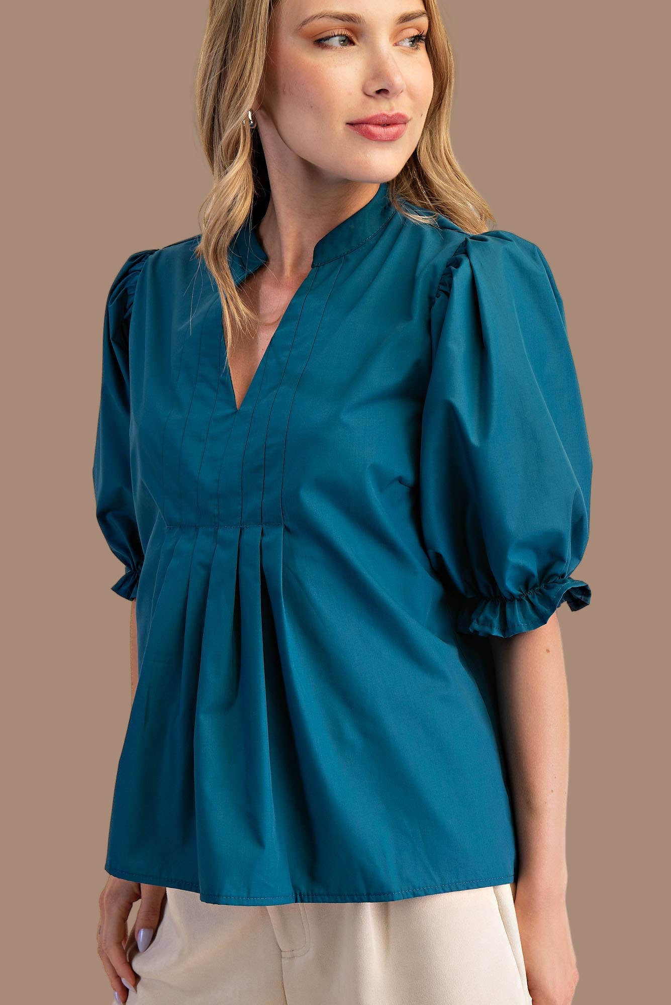 Teal V-Neck Puff Sleeve Top